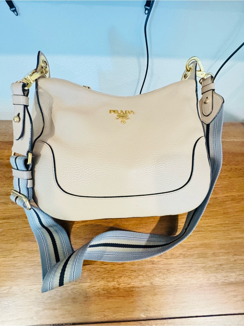 Prada Beige Leather Shoulder Bag with Striped Strap